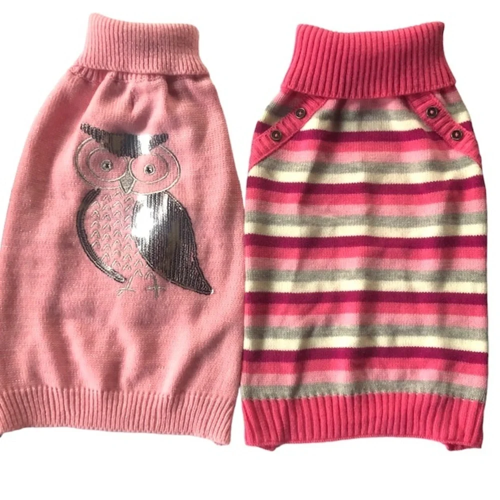 NWOT Pair pink owl turtle beck striped dog sweaters L